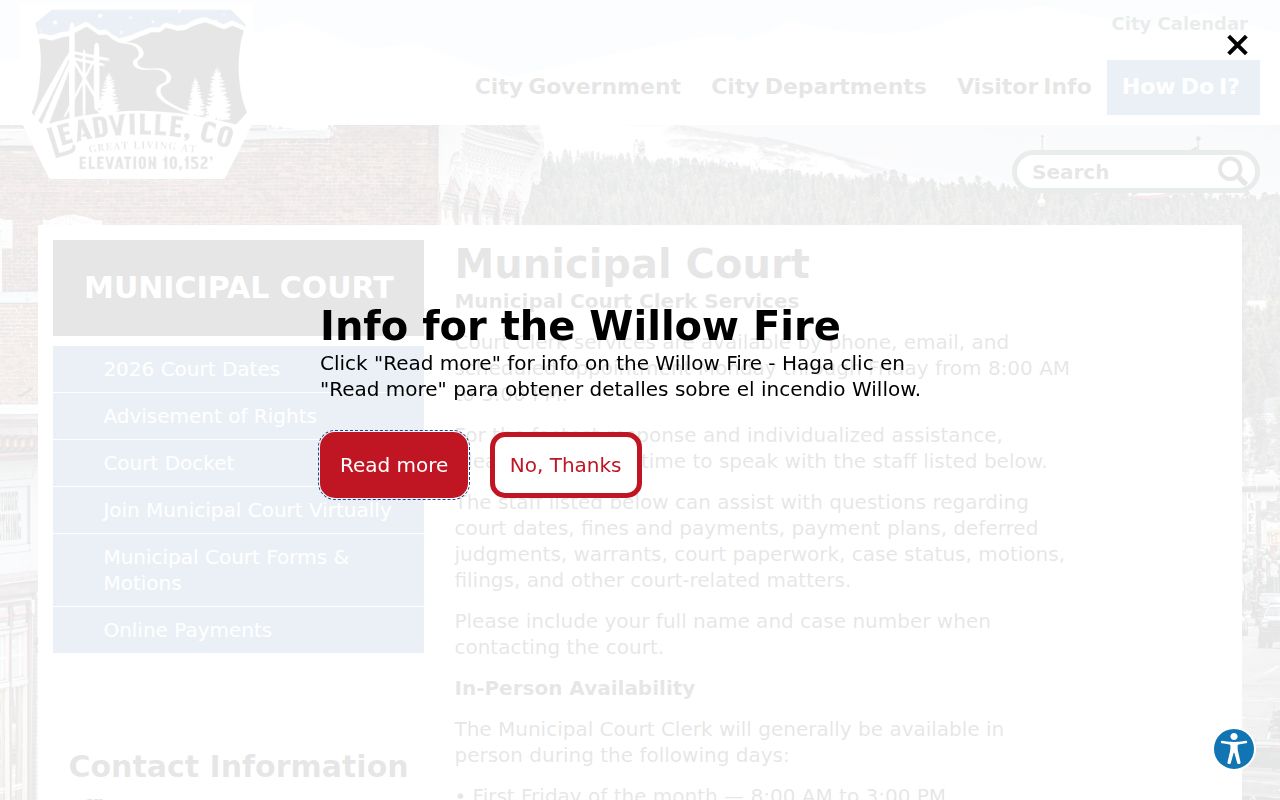 Leadville Municipal Court contact and online payment page
